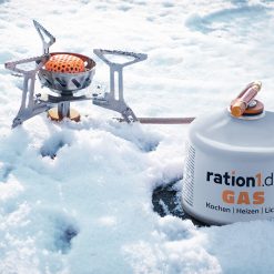 ration1 Gaskocher für Notfall, Outdoor, Trekking, Camping, inkl. 3x Gaskartusche 230 g und Zündstahl