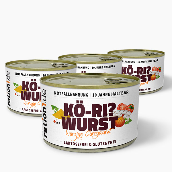 Notvorrat Currywurst, 10 Jahre haltbar, Inhalt 4 x 400 g