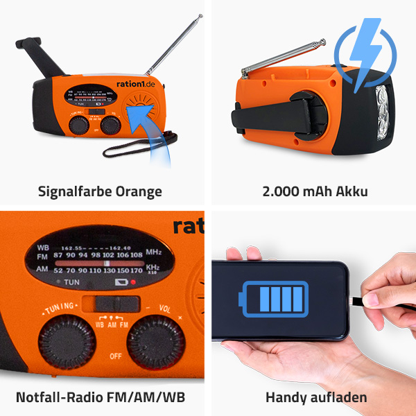 ration1 Kurbel-Radio mit LED-Taschenlampe und Solar-Zelle