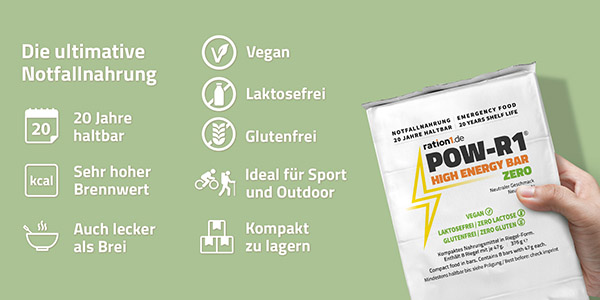 POW-R1 ZERO Notvorrat glutenfrei, vegan und laktosefrei - 20 Jahre haltbar