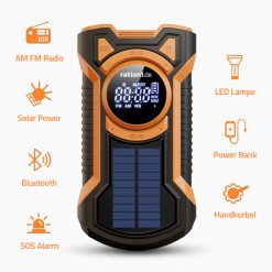 Multifunktions Kurbelradio AM/FM/WB, robustes Gehäuse mit Solarzelle, LED Lampe, Bluetooth, SOS-Alarm und 5000mAh Powerbank