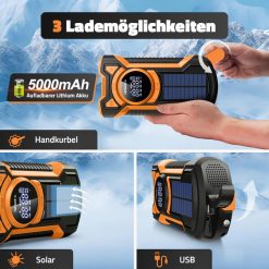 Multifunktions Kurbelradio AM/FM/WB, robust mit Solarzelle, LED Lampe, Bluetooth, SOS-Alarm und 5000mAh Powerbank