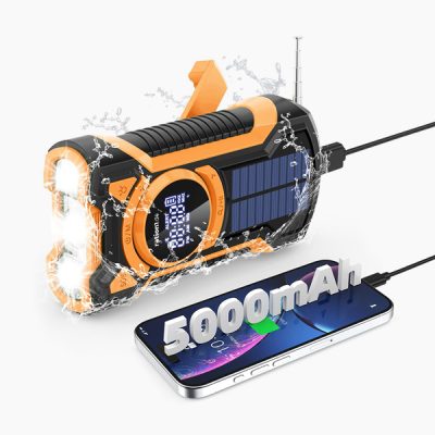 Multifunktions Kurbelradio AM/FM/WB, robust mit Solarzelle, LED Lampe, Bluetooth, SOS-Alarm und 5000mAh Powerbank