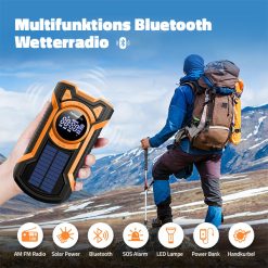 Multifunktions Kurbelradio AM/FM/WB, robust mit Solarzelle, LED Lampe, Bluetooth, SOS-Alarm und 5000mAh Powerbank