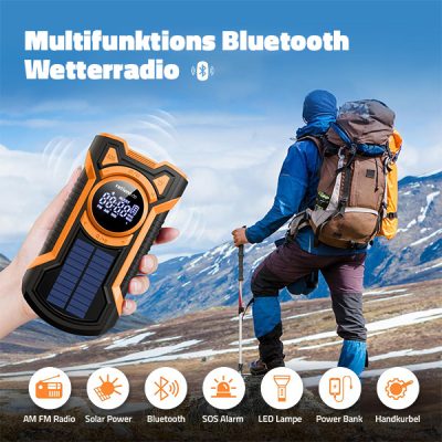 Multifunktions Kurbelradio AM/FM/WB, robust mit Solarzelle, LED Lampe, Bluetooth, SOS-Alarm und 5000mAh Powerbank