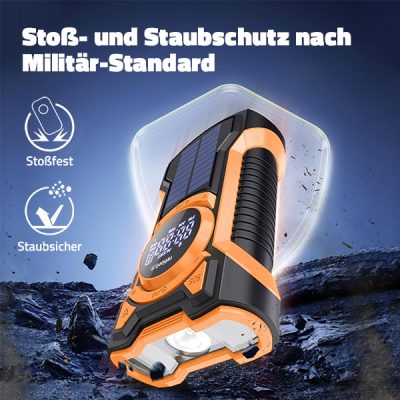 Multifunktions Kurbelradio AM/FM/WB, robust mit Solarzelle, LED Lampe, Bluetooth, SOS-Alarm und 5000mAh Powerbank