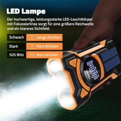 Multifunktions Kurbelradio AM/FM/WB, robust mit Solarzelle, LED Lampe, Bluetooth, SOS-Alarm und 5000mAh Powerbank