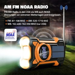 Multifunktions Kurbelradio AM/FM/WB, robust mit Solarzelle, LED Lampe, Bluetooth, SOS-Alarm und 5000mAh Powerbank