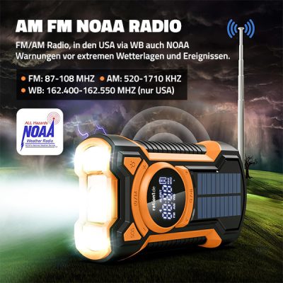 Multifunktions Kurbelradio AM/FM/WB, robust mit Solarzelle, LED Lampe, Bluetooth, SOS-Alarm und 5000mAh Powerbank