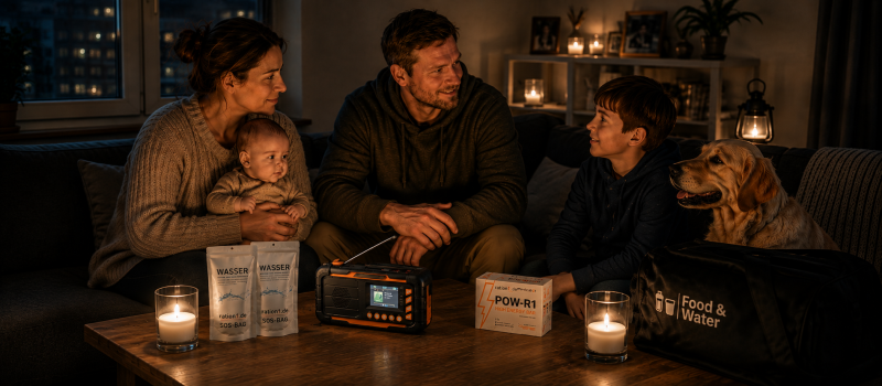 Familie bei einem Stromausfall mit Kurbelradio, Trinkwasser und Notfallnahrung